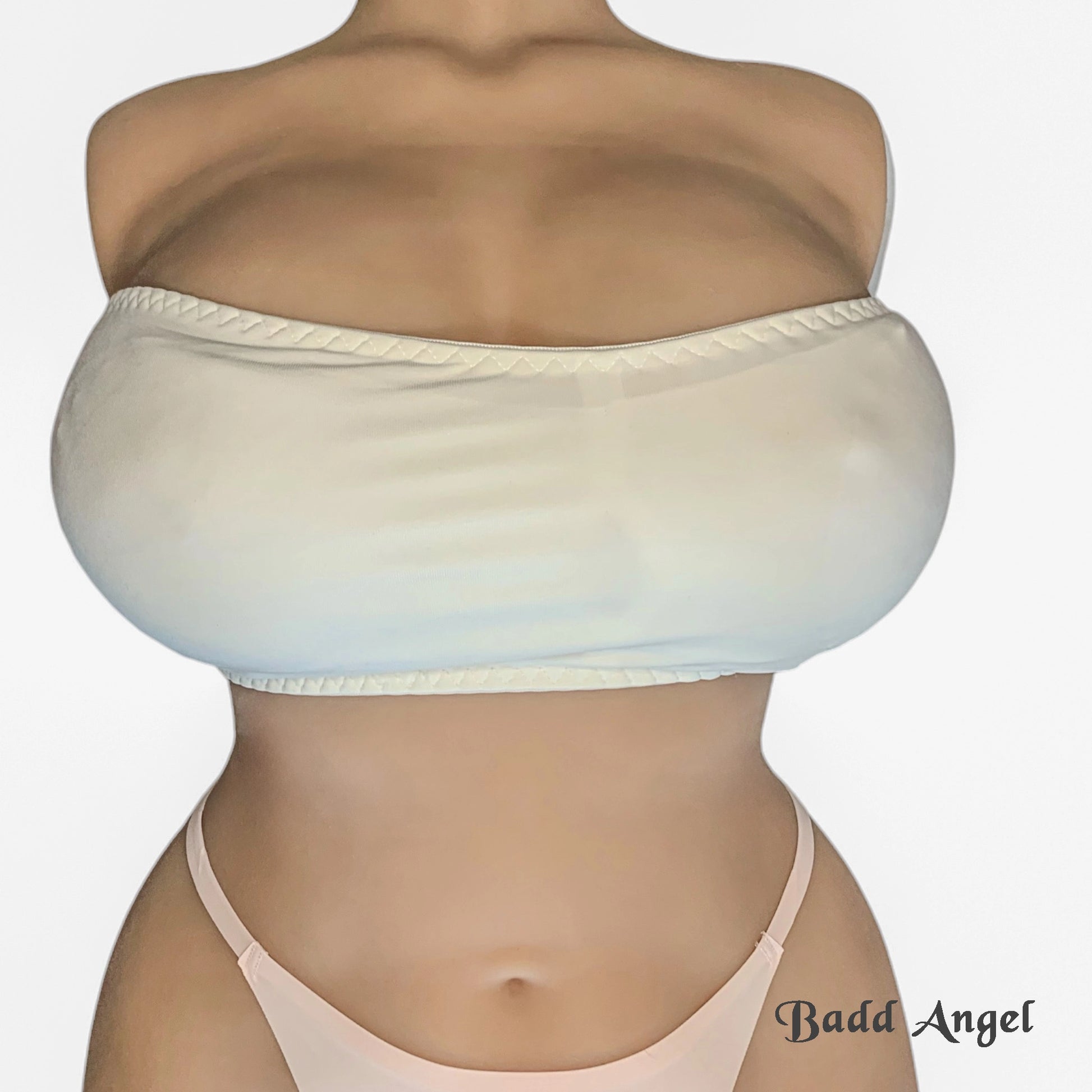 Badd Angel wearing a Opaque white bralette with adjustable back straps front view