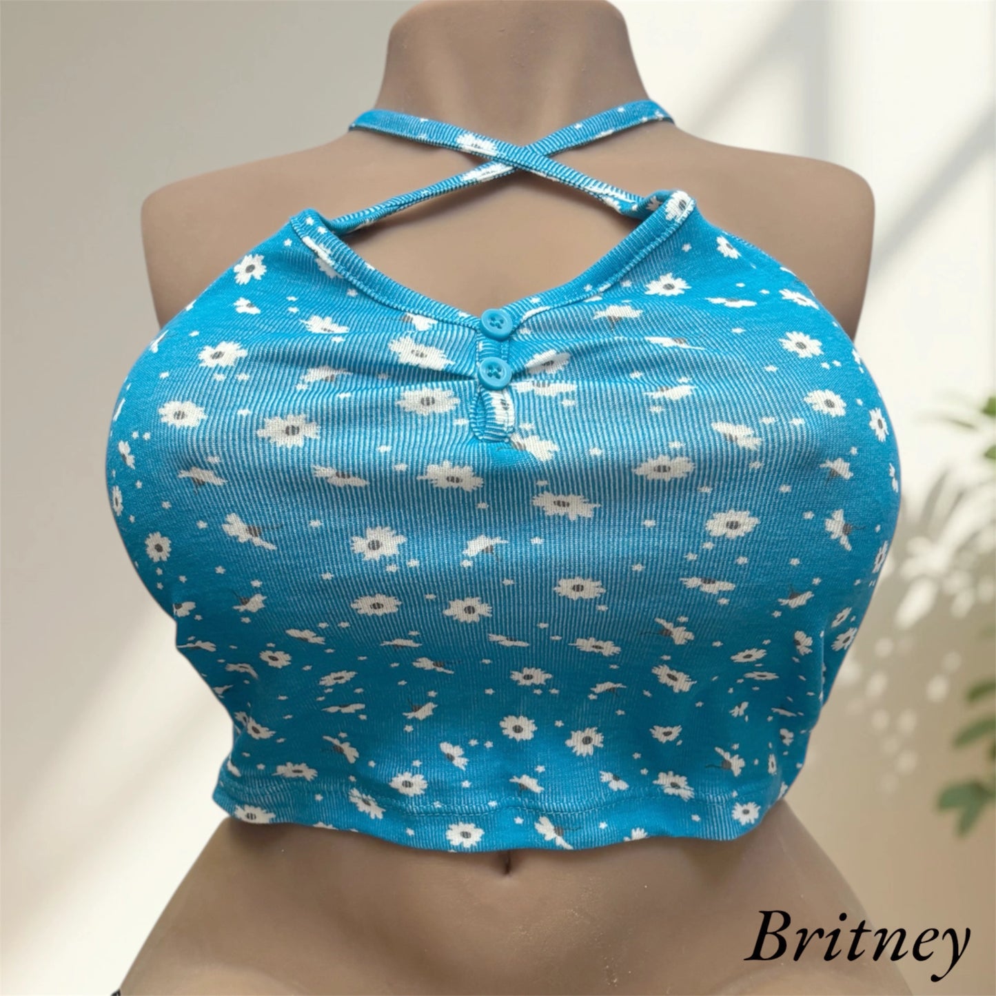 britney in Blue Top – Bold Summer Flower