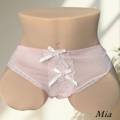Mia wearing pink lingerie ribbon panties front view